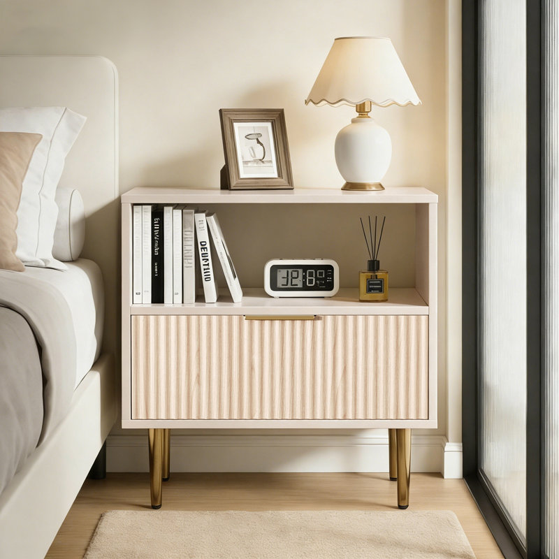 Nightstand With Drawer, End Table With Storage, Bed Side Table With Open Space For Bedroom, Modern Nightstand With Golden Handle, Side Night Stand For Bedroom, Living Room