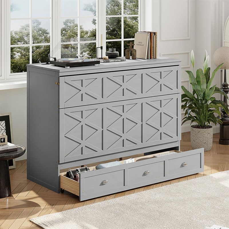 Grand lit escamotable avec grands tiroirs et port USB, Gris
