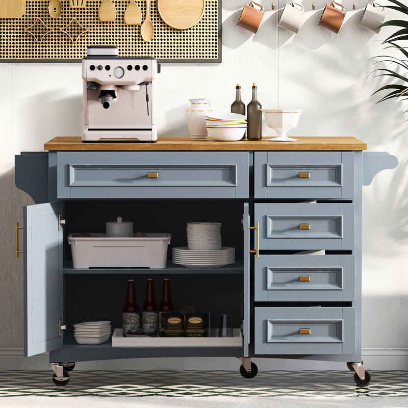 52'' Kitchen Island With Drop Leaf With 2 Doors And 5 Drawers, Gray/Brown