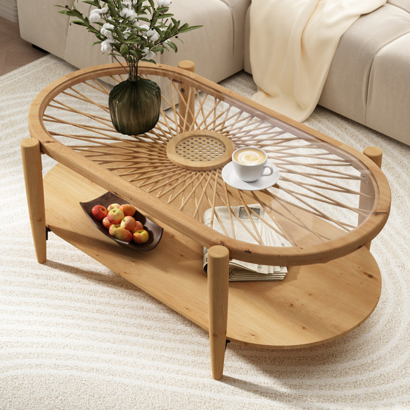 Cordoves Solid Wood Rattan Coffee Table with Oval Glass Top