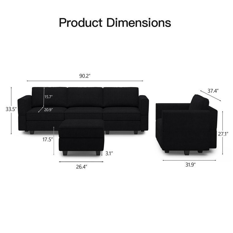 Nairoby 3-Pieces Corduroy Modular Sectional Couch Storage Seat Sofa Set For Apartment Livingroom Lounge, Single Armchair & 3-Seat Sofa & A Storage Ottoman
