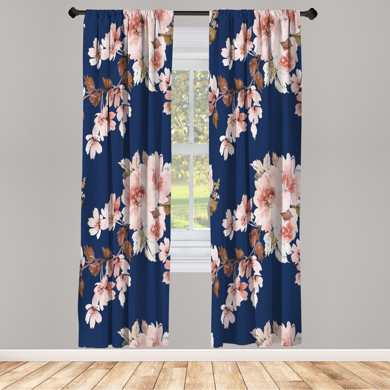 Microfiber Floral Semi-Sheer Rod Pocket Curtain Panels, Blue/Pink, 28" W x 95" L
