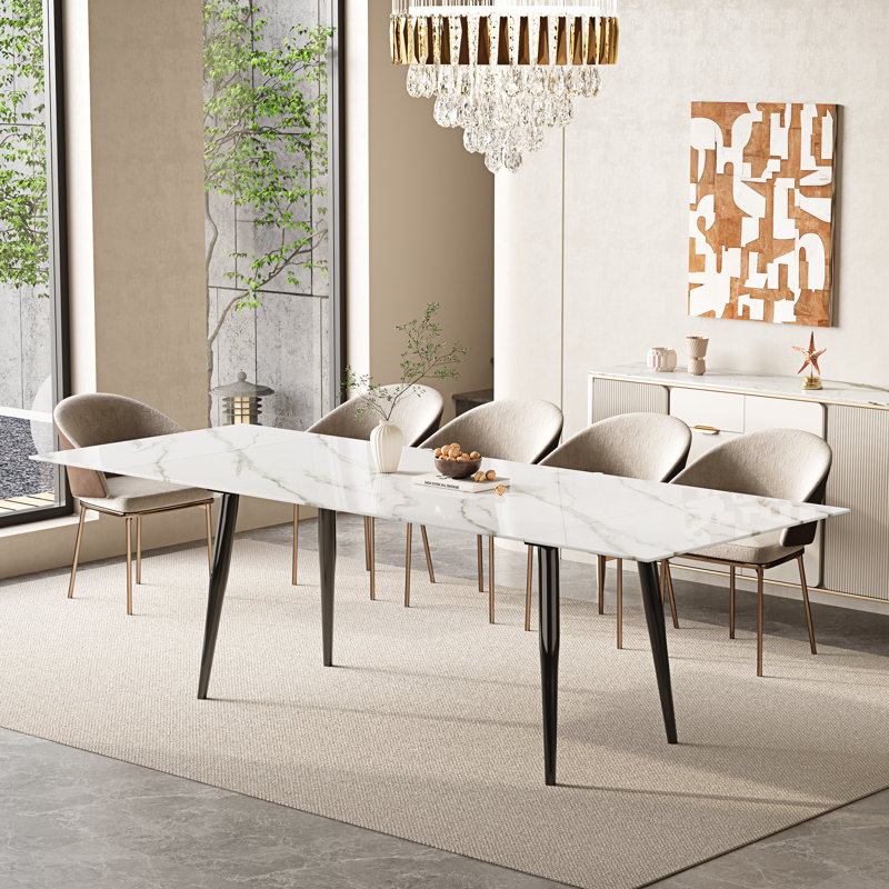 Terynn 63" to 94.5" Extendable Dining Tables for 8 to 10 - Rectangle Sintered Stone Dining Table, Snowy Mountain White, Black