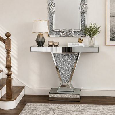 Console en miroir à écrasement de diamant, table de canapé moderne en verre réfléchissant pour hall d'entrée, table d'appoint rectangulaire en forme de V pour le couloir du salon