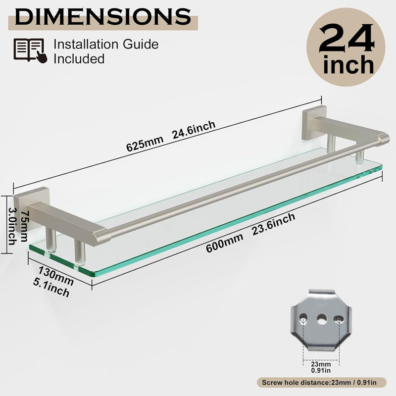 Tablette en verre pour salle de bain, Nickel brossé