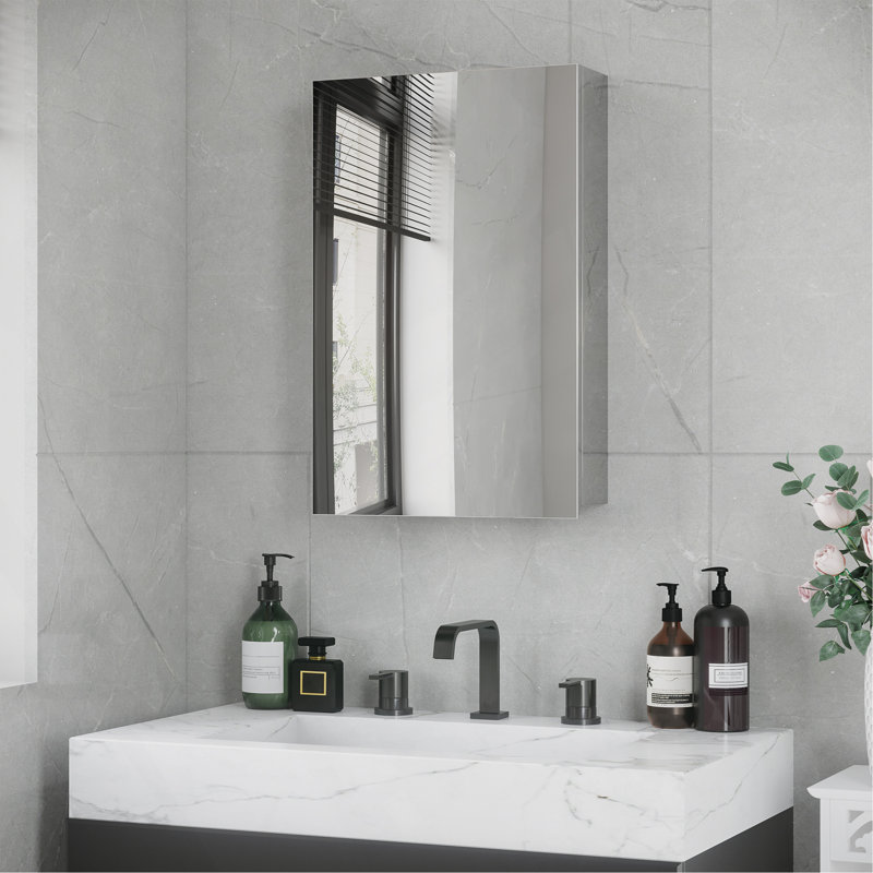 Wall-Mounted Medicine Cabinet With Mirror, Bathroom Mirror Cabinet Wall Mounted With Hinged Door, Storage Shelves For Living Room And Laundry Room, 15" X 24", Silver