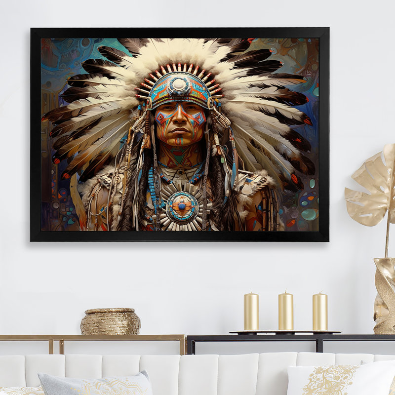 Native Honor Traditional Warrior I - Art amérindien, art mural, Cadre simple noir, H 12 po x l 20 po x P 1 po