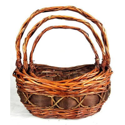 Set Of 3 Willow, Chipwood And Seagrass Long Handled Baskets