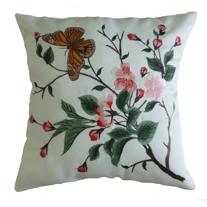 Mante Carlo Decorative Embroidered Butterfly Design Fine Burlap Throw Pillow