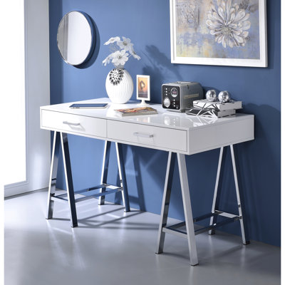 Modern Desk With Charging And 2 Drawers, White High Gloss, Table For Office Use Port Two Storage Glossy