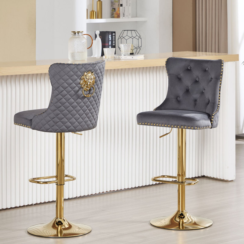 Swivel Adjustable Height Counter Stool With Metal Frame, Gold, Gray