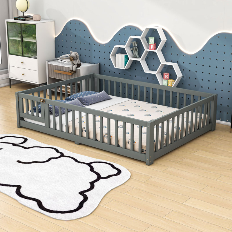 Floor Bed With Safety Guardrails And Door, Gray, Full