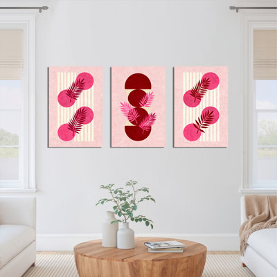 «Tropical Leaves and Abstract Shapes», reproduction d'art sur toile tendue, rose et rouge moderne (ensemble de 3)
