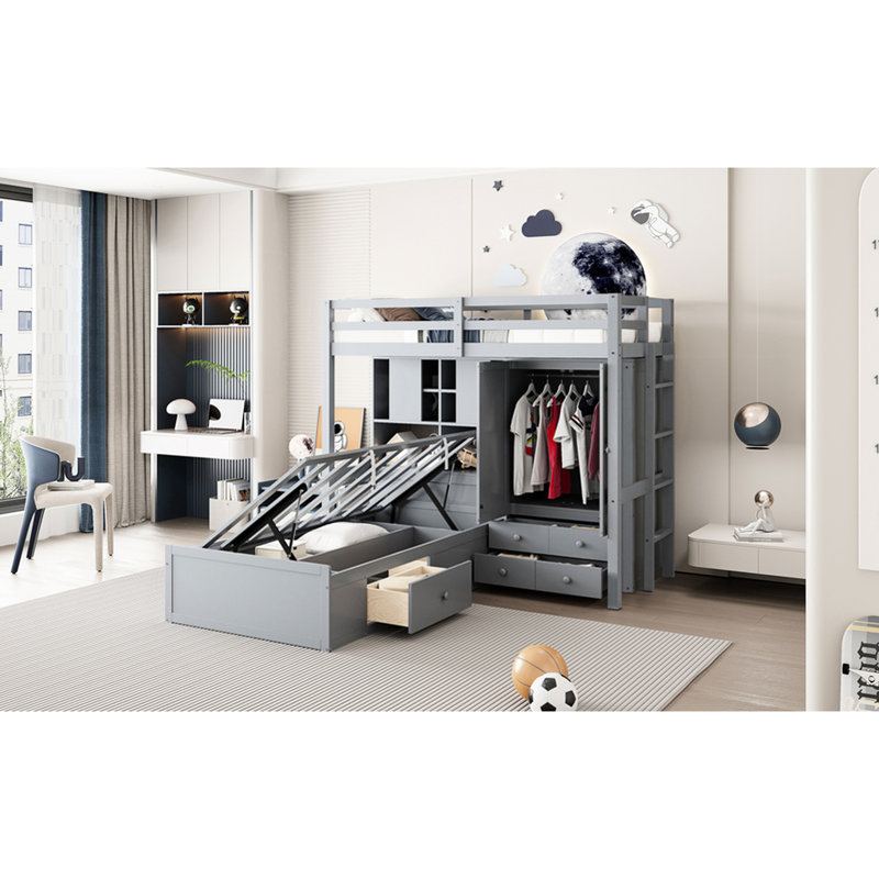 Gray Twin Bunk Bed With Drawers, Wardrobe, Hydraulic And Shelves For Bedroom Storage Flexibility In Built - Lift, Drawers Under Shelving Capacity