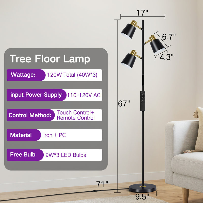 67" Tree Floor Lamp with Remote Control and 3 Bulbs included, Black