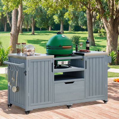 Îlot de cuisine extérieur avec plateau en acier inoxydable, 1 tiroir, tablettes de rangement, support à épices robuste, porte-serviettes en papier, 5 crochets en S et ouvre-bouteille