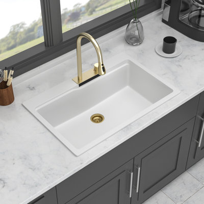 White Quartz Composite Drop In Kitchen Sink - 33X22", Waterfall Flair, Pull-Out Faucet & Various Accessory Combos For Workstation Grace, Blends