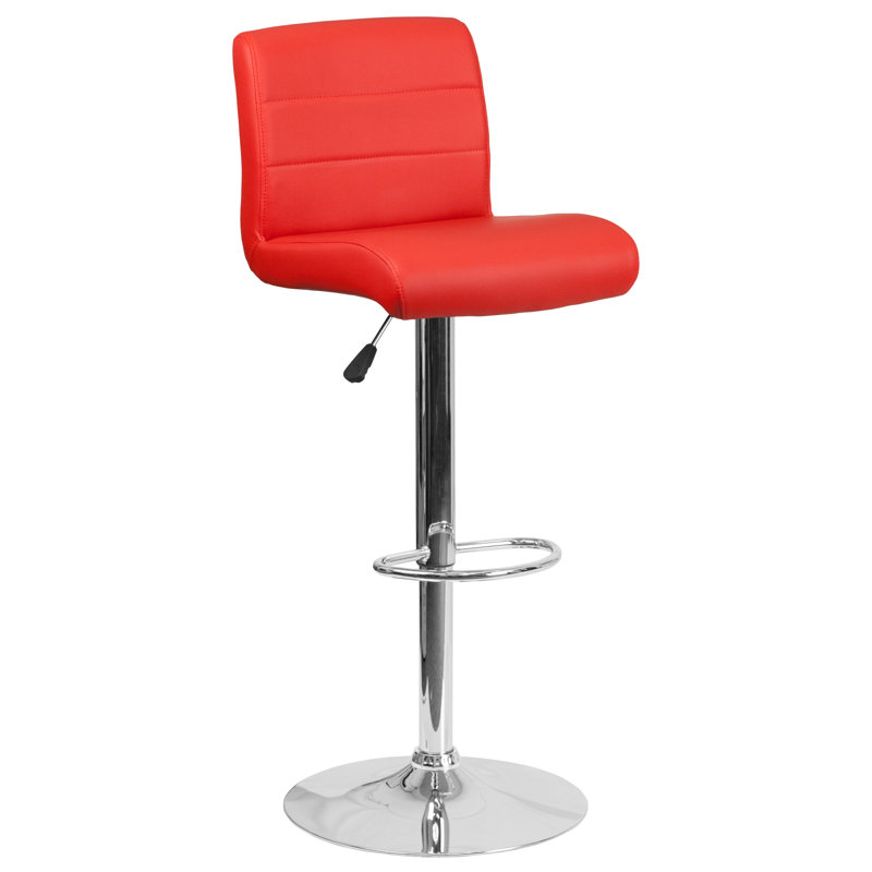 Chestertown Contemporary Vinyl Adjustable Height Barstool with Rolled Seat and Chrome Base, Red