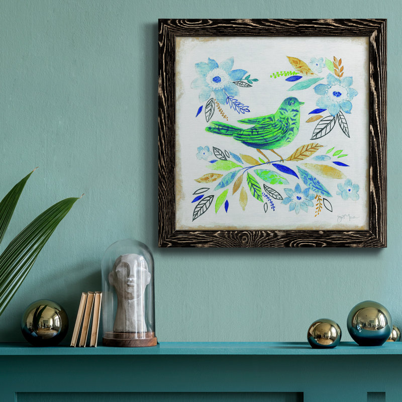 Oiseau Chanteur I - peinture sur toile encadrée, H 17 po x l 17 po x P 1,5 po, Cadre noir