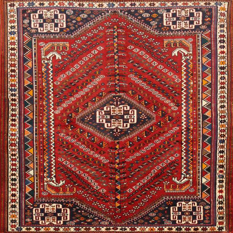 Tapis rouge/beige/noir traditionnel, Rond 5 pi