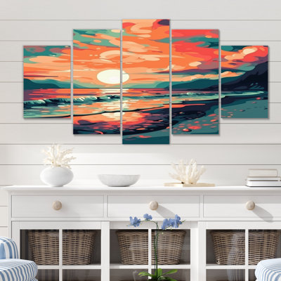 Coucher de soleil sur la plage, couleurs rétro expressives - reproduction sur toile de plage - 5 panneaux