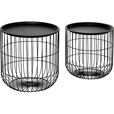 Tables gigognes gigognes de 2, rondes avec panier en acier câblé, plateau amovible pour le salon, noir, paire efficace et peu encombrante, creux, plateaux, chambre de bout empilable, noir