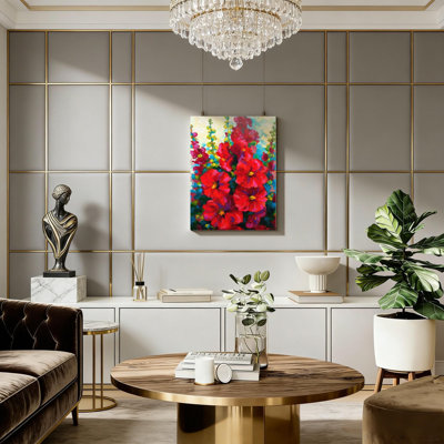 Red Hollyhocks, art mural - peinture sur toile pour décoration murale de salon, cadre en bois massif, 16 po x 24 po