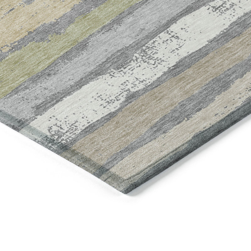 Gray and White Striped Synthetic Washable Indoor/Outdoor Rug 20" x 30"