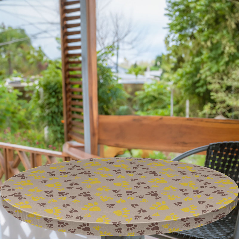 August Grove® Paw Print Fitted Round Tablecloth Warm Taupe Brown Mustard, 67.72" Round