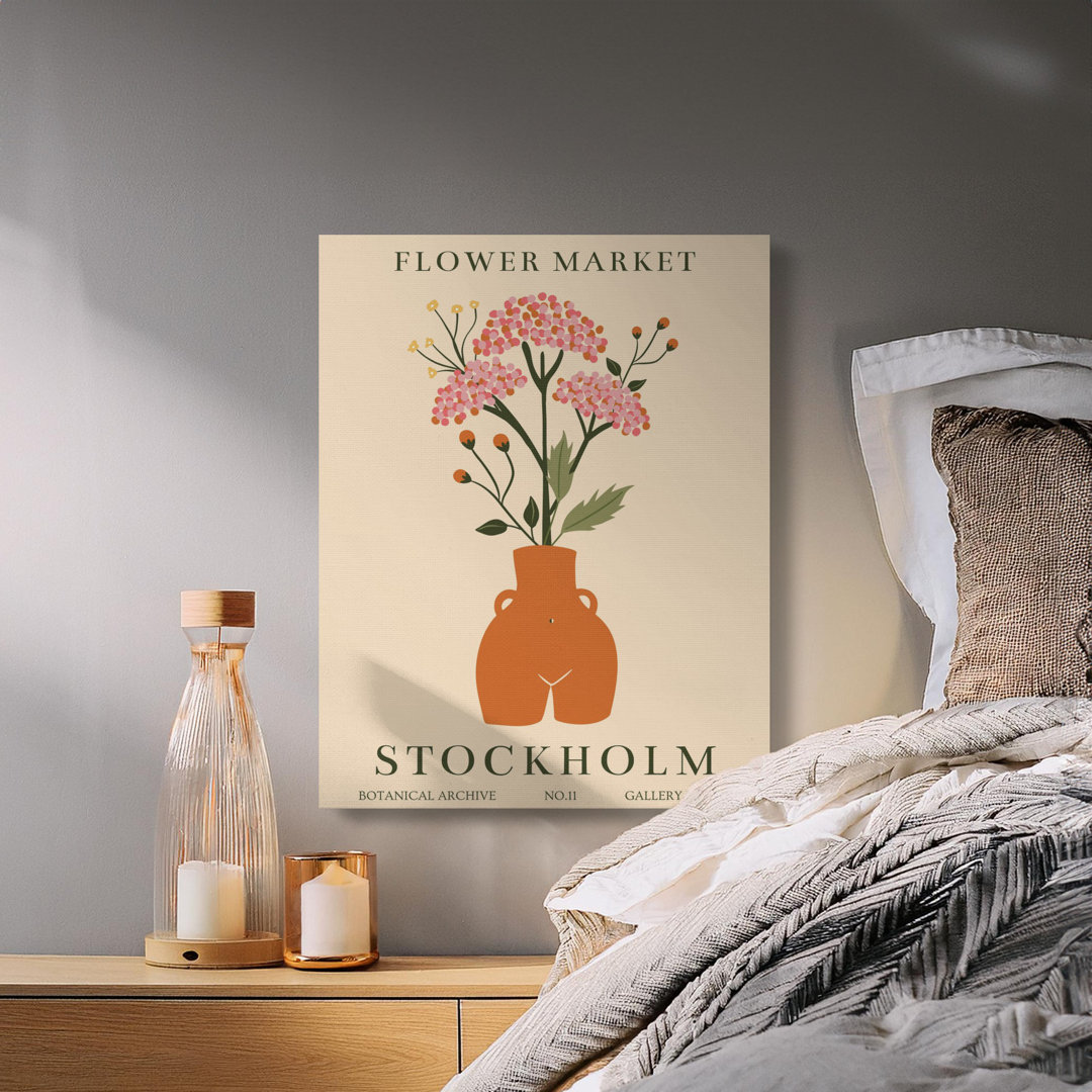 Flower Market Stockholm Botanical Canvas Art, Mid Century Modern Abstract Vase Print, Minimalist Boho Wall Decor for Living Room