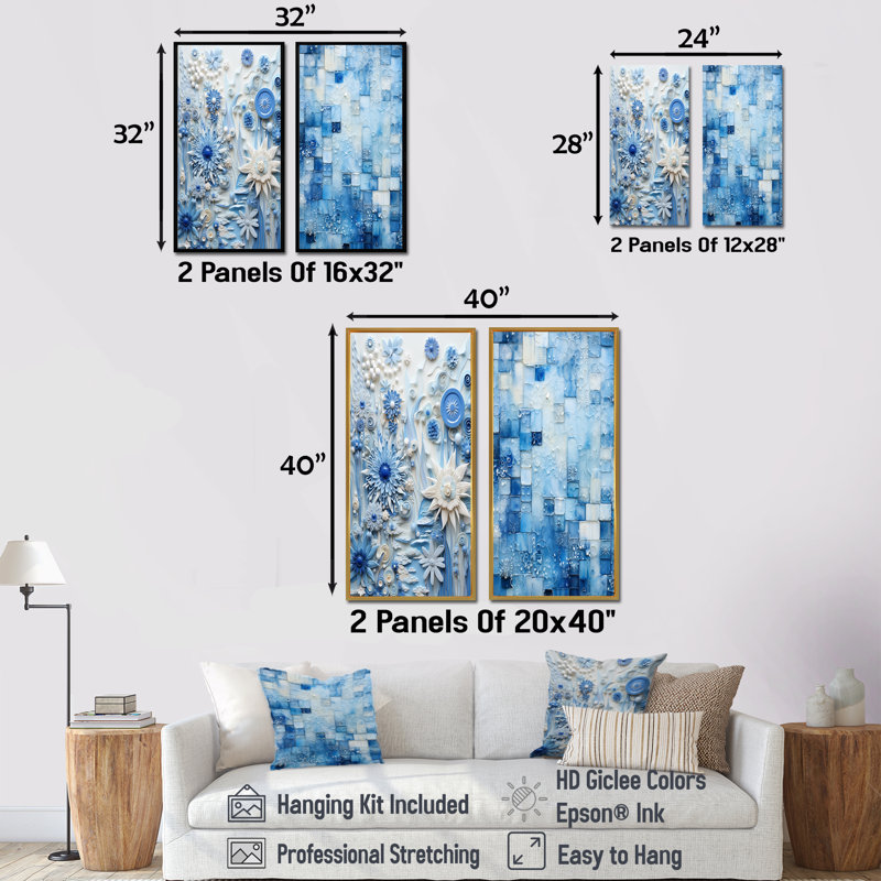 «Blue and White Botanical Tiles IV», ensemble de 2 reproductions d'art botaniques abstraites, Cadre flottant brun