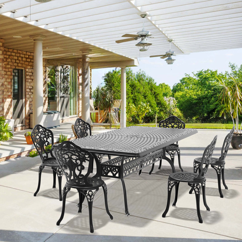 7-Piece All-Weather Cast Aluminum Dining Furniture Set With Black Frame, 6