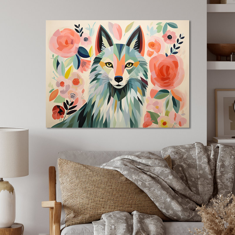 Rose et vert Boho Wolf Portrait III - loup, art mural en métal, H 12 po x l 20 po x P 1 po