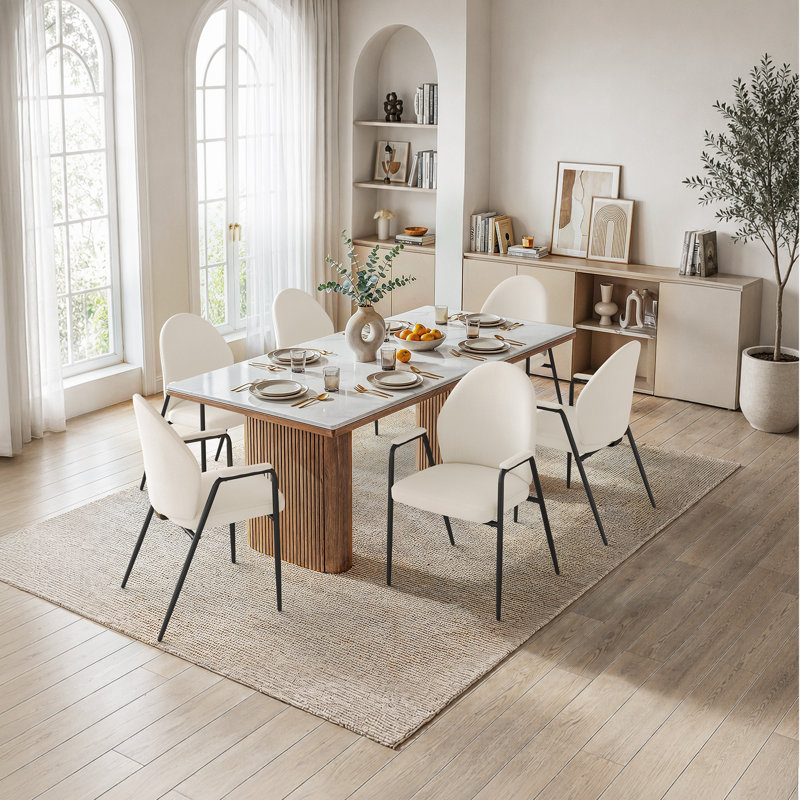Chaises de salle à manger en tissu de lin de 24,2 po de largeur avec accoudoirs, chaises de cuisine rembourrées à dossier incurvé moderne, chaises d'appoint rembourrées robustes en métal noir pour bistro, salle à manger et cuisine (ensemble de 6)