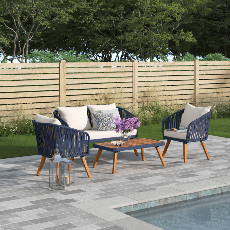 Ensemble de conversation de patio en bois massif avec coussins Larry , Beige, Marine