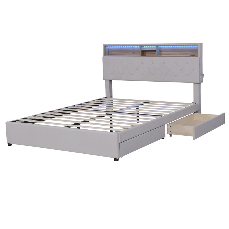 Ingry Ulani Upholstered Platform Bed with Storage Headboard, LED, USB Charging and 2 Drawers, Full, Beige
