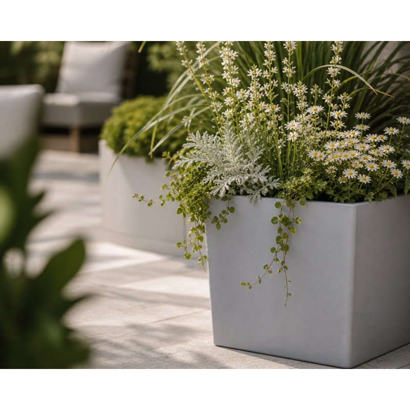 Daisy Square Stone Effect Planter Pot, Indoor and Outdoor Plant Pot, Frost Resistant with Drainage Hole, Grey