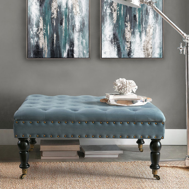 Leni 33" Velvet Square Tufted Cocktail Ottoman, Orion Blue 
