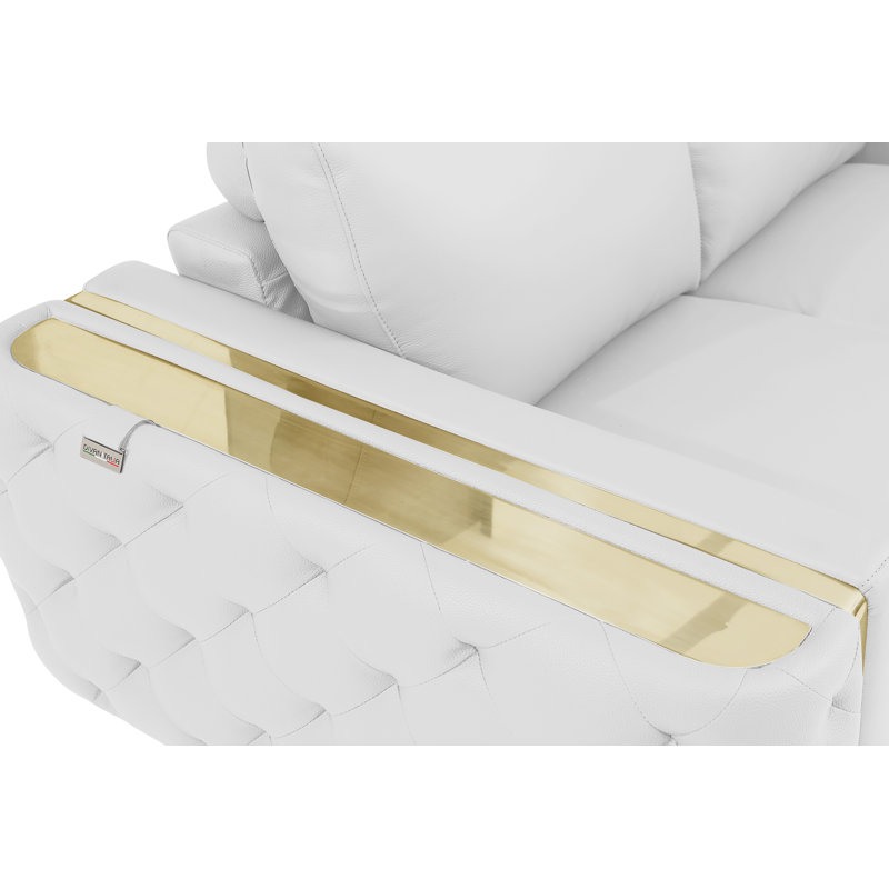 Anissa Genuine Italian Leather Sofa, White, Gold