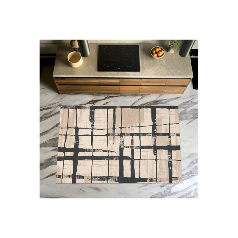 Tapis à motif géométrique rayé noir, Rectangle 3 pi 4 po x 6 pi 7 po