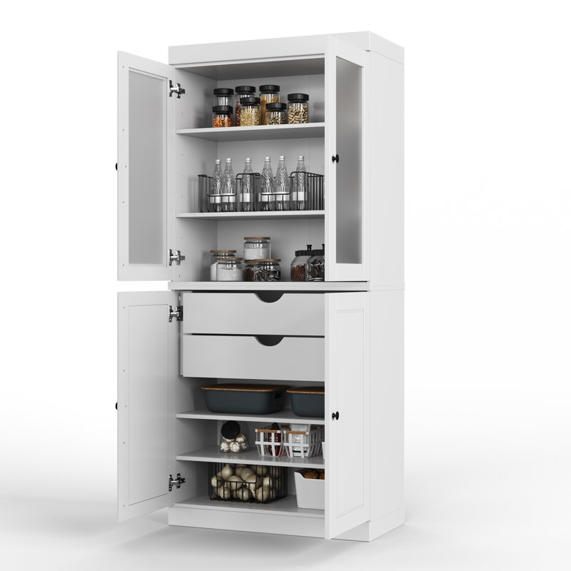 Garde-manger 100% bois massif 32 po avec verre givré, portes solides, 2 tiroirs et tablettes réglables, Blanc / Blanc