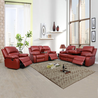 3-piece Sectional Manual Recliner Sofa Set For Living Room With Storage Console & Cup Holders, Solid Wood Frame & Breathable Pu Leather, Reclining Cou by Latitude Run