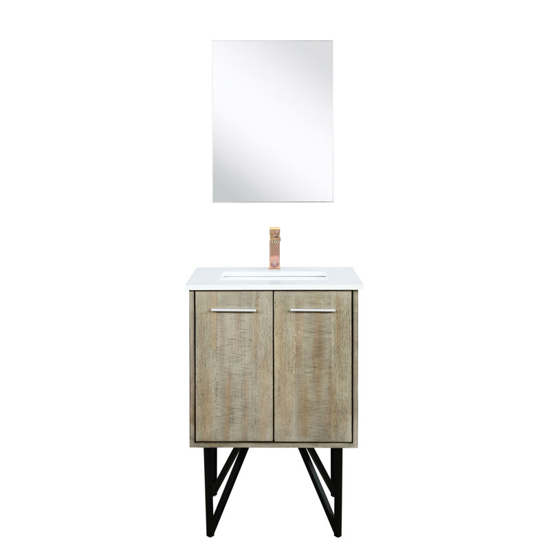 24 po De meuble-lavabo rustique l 20 po x P 20 po avec surface en quartz blanc, robinet en or rose et 18 miroirs muraux