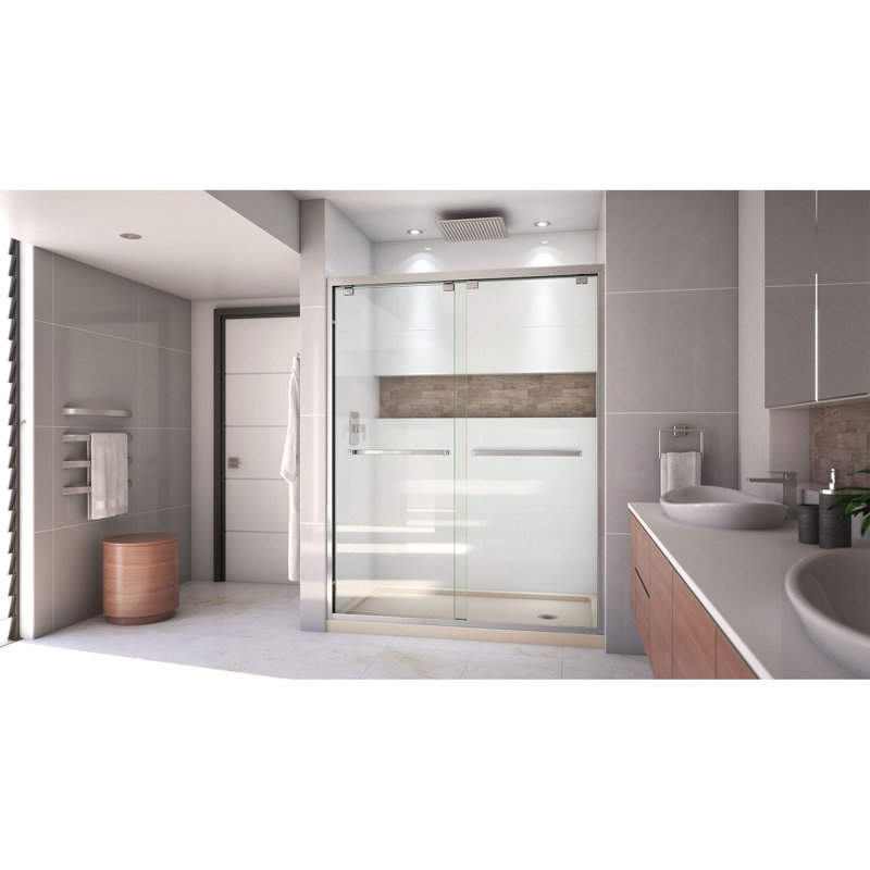 Encore 78.75" H Semi-frameless Sliding Shower Enclosure, Brushed Nickel/Biscuit, Right