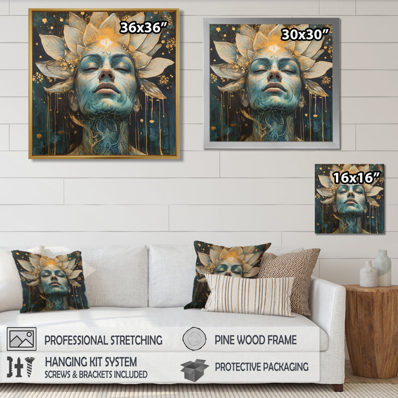 «Awakening Blue Lotus Woman», impression d'art mural, Cadre flottant noir, H 16 po x l 16 po