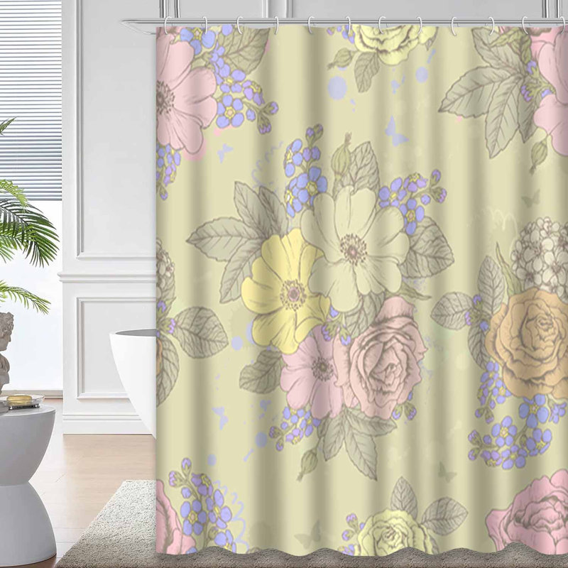 Rideau de douche imperméable à motif floral rétro avec 12 crochets, L 72 po x l 84 po