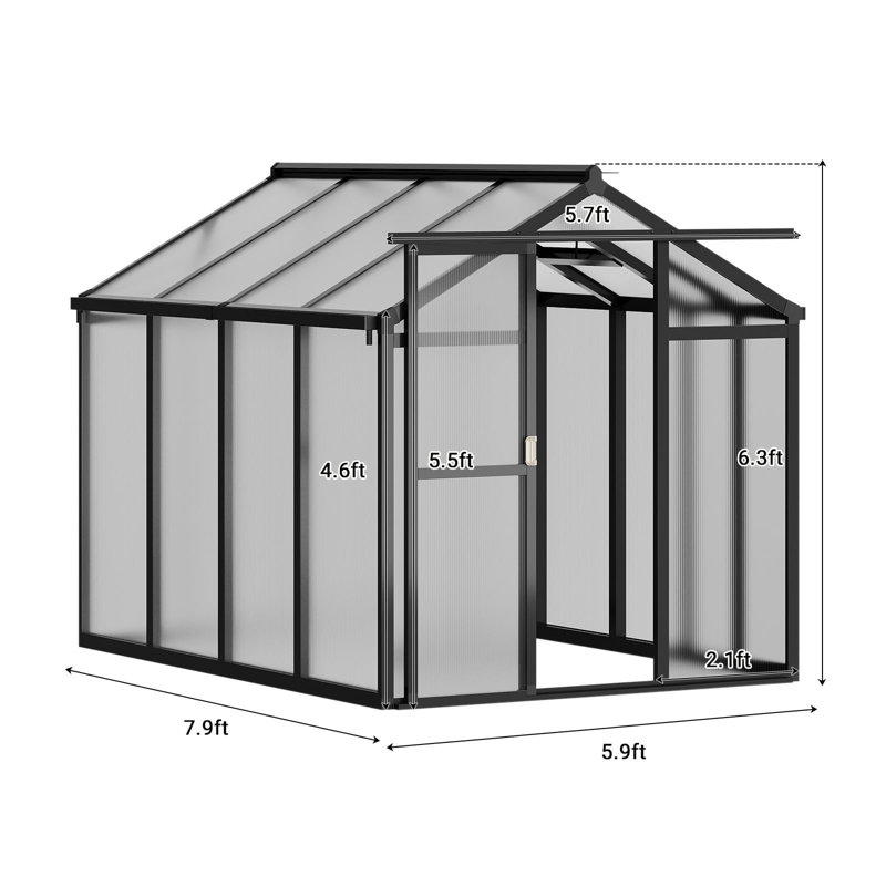 Walk-in Greenhouse Kit with Aluminum Frame, Polycarbonate Panels, Adjustable Roof Vent, Sliding Door & Secure Lock for Outside Garden or Patio, 6x8 FT