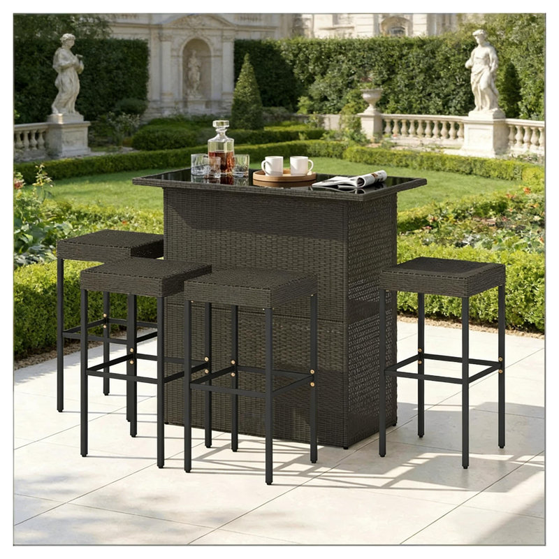 Ensemble de bar d'extérieur 5 pièces avec plateau en verre trempé et 4 tabourets de bar en rotin, mobilier de patio en métal brun foncé