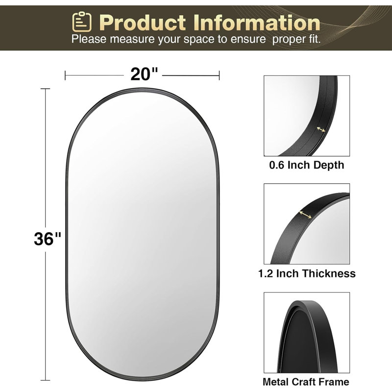 Axia Metal Oval Pill-Shaped Wall Mirror, Black, 36" x 20"