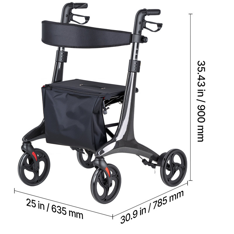 Rollator Walker with Seat for Seniors, Foldable Lightweight Rolling Walker, Carbon Fibre Mobility Walking Aid with 8" Solid PVC Wheels and Adjustable Handle - Supports up to 300LBS